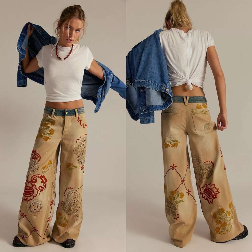 New Free People Falling Love Wide Leg Jeans Floral Embroidered Crochet